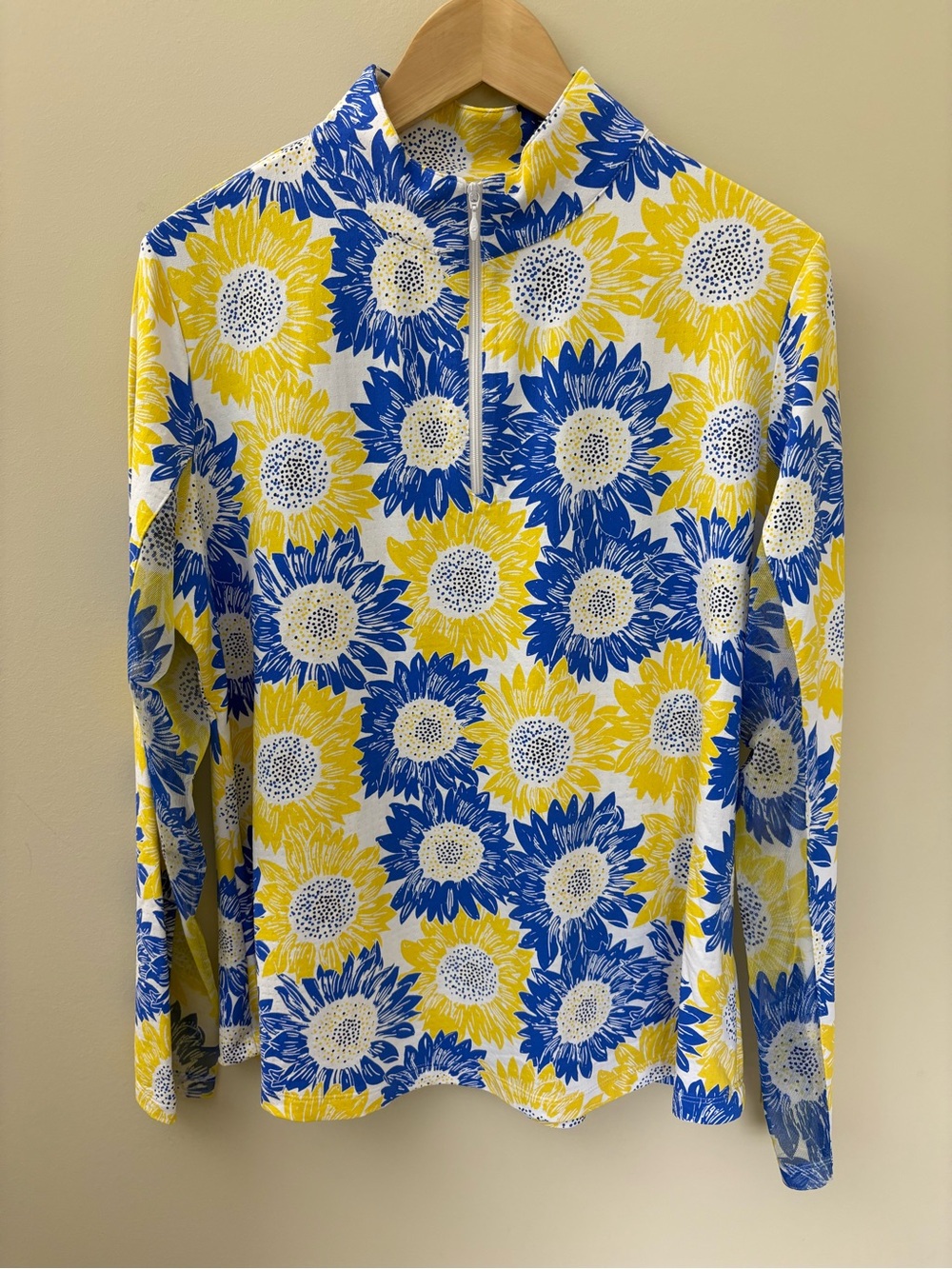 Ibkul Sunflower Print Blue Yellow Mock Neck Zip Long Sleeve Size XL
